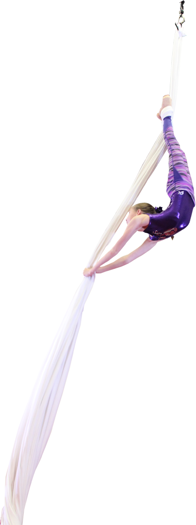 Climbers aerialist performing an inverted pose on aerial silks